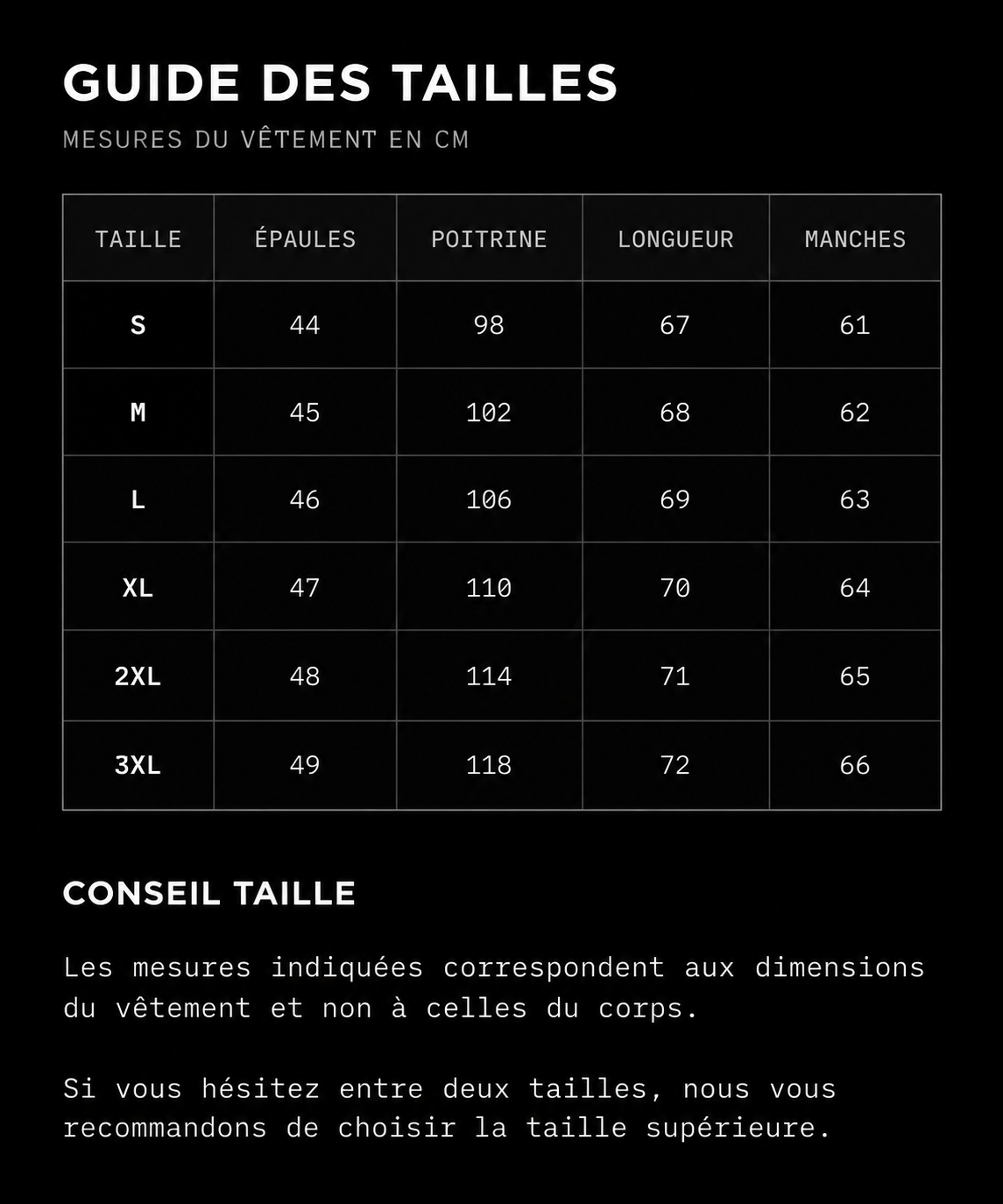 Guide des tailles — Raven